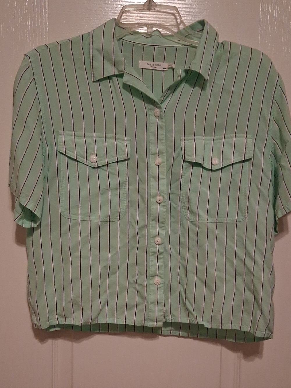 rag & bone Mint Green Short-Sleeve Striped Button-Down Shirt